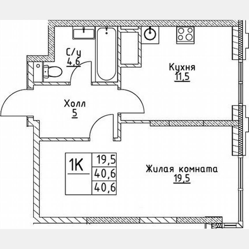 1-к. квартира, 40,6 м², 5/19 эт.