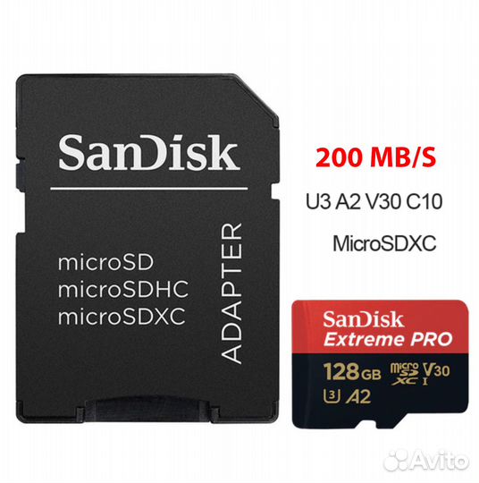 Карта Sandisk Extreme Pro MicroSD 128 GB до 200 MB