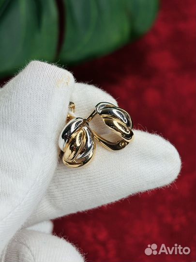 Золотые серьги плетенка с белым золотом 585