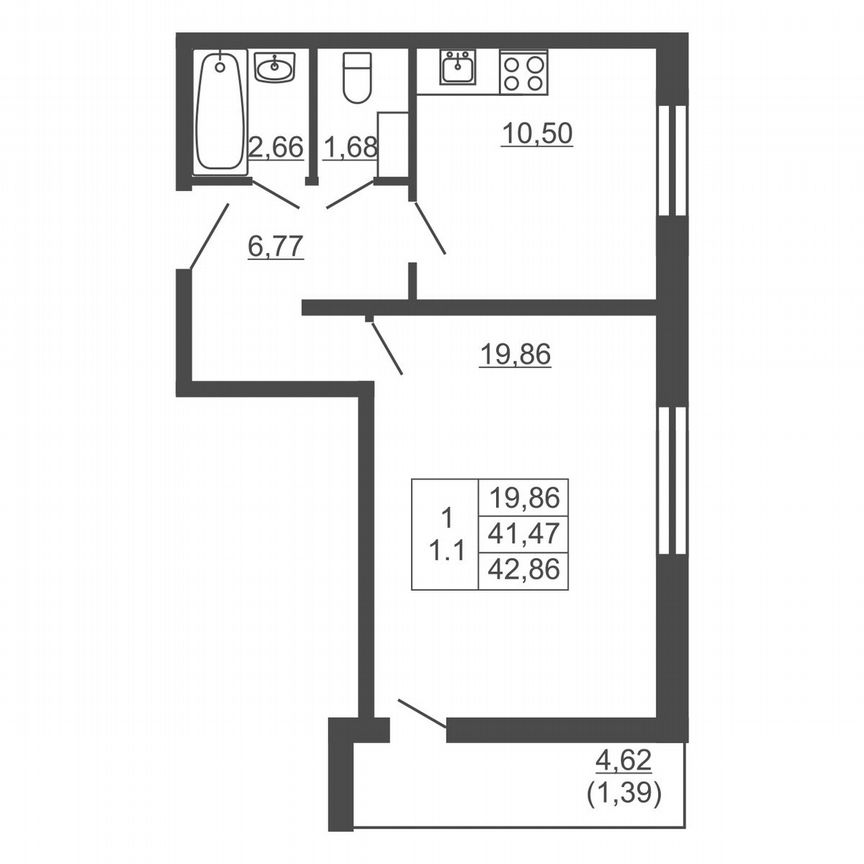 1-к. квартира, 42,9 м², 4/16 эт.