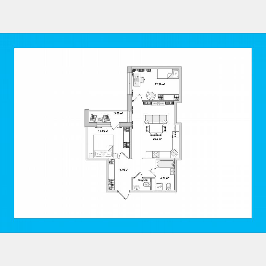 2-к. квартира, 61,2 м², 12/21 эт.