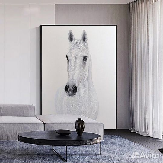 Стильная текстурная картина маслом белая лошадь