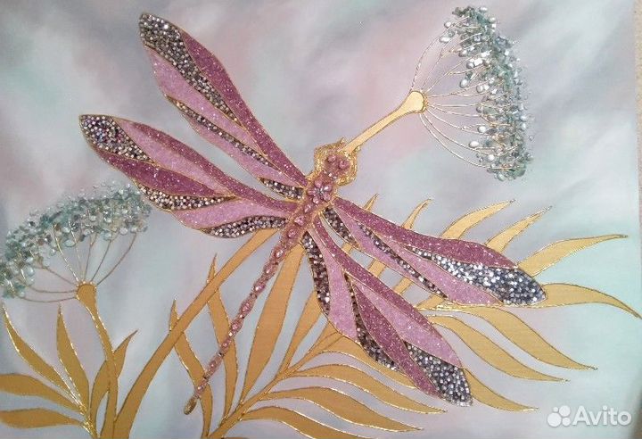 Картина на холсте текстурная стрекоза с золотом