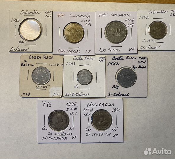 Монеты Колумбии, Коста-Рики, Никарагуа