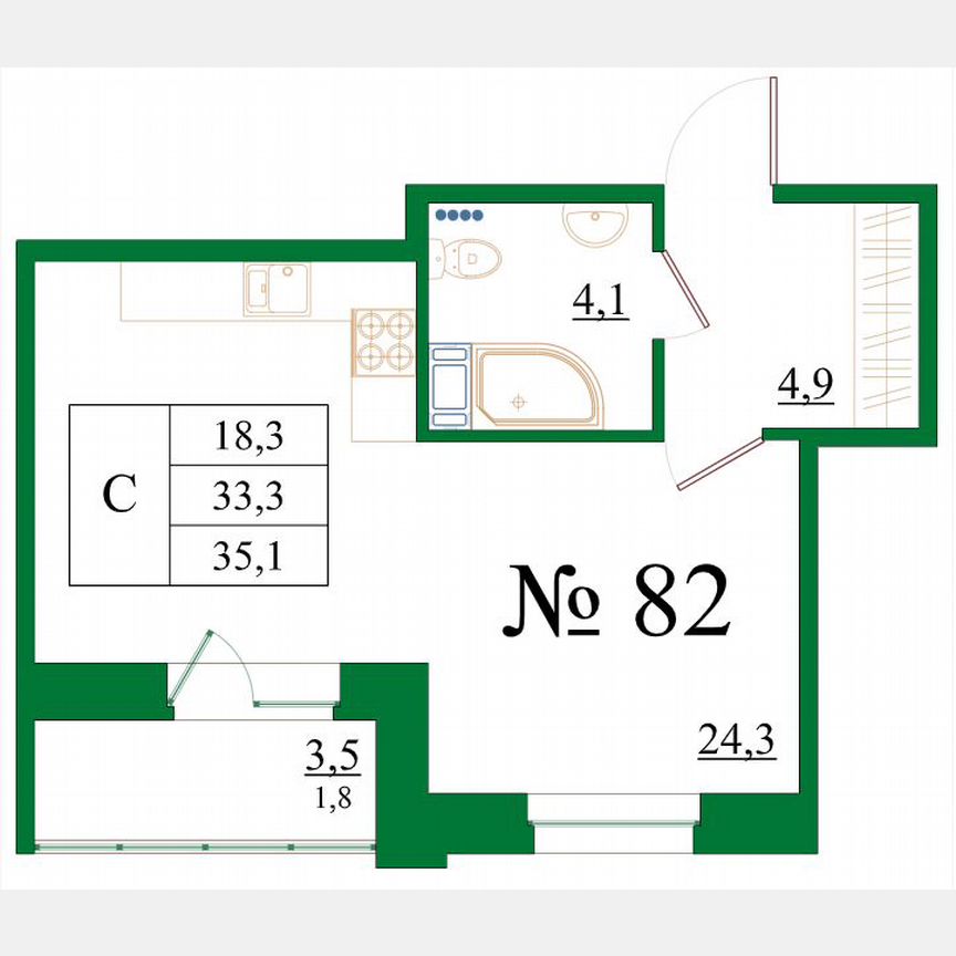 Квартира-студия, 35,1 м², 3/8 эт.