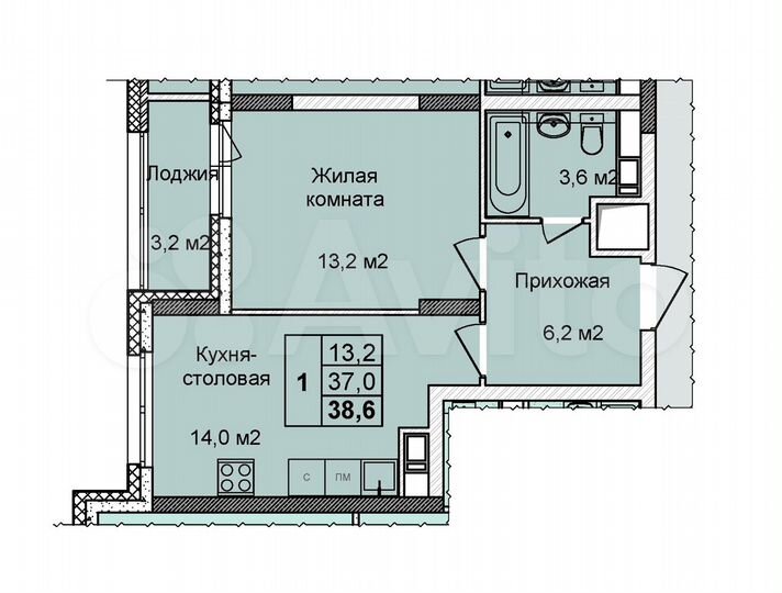 1-к. квартира, 38,6 м², 6/25 эт.