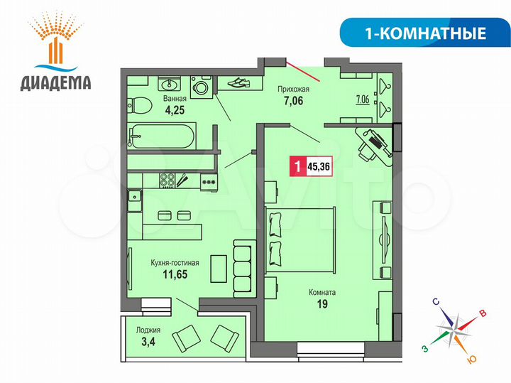 1-к. квартира, 45,4 м², 17/22 эт.