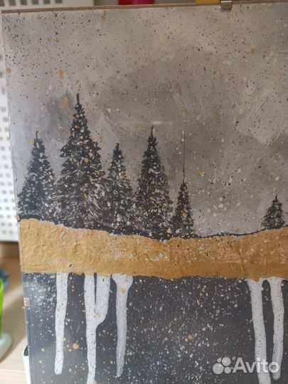 Картина Зимний лес с золотом