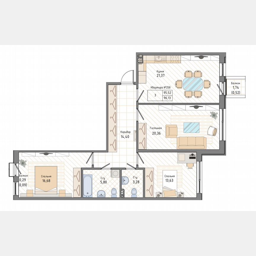 3-к. квартира, 96,1 м², 3/9 эт.