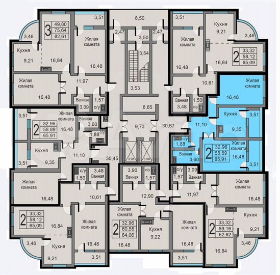 2-к. квартира, 65,9 м², 15/19 эт.
