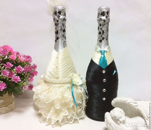 Декорирование бутылок лентами