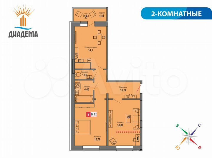 2-к. квартира, 68 м², 12/22 эт.