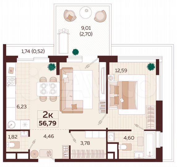 2-к. квартира, 56,3 м², 4/6 эт.