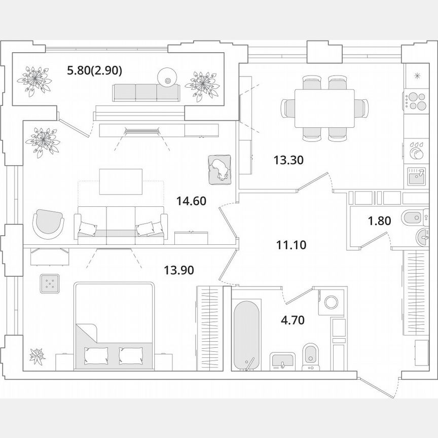 2-к. квартира, 62 м², 8/13 эт.