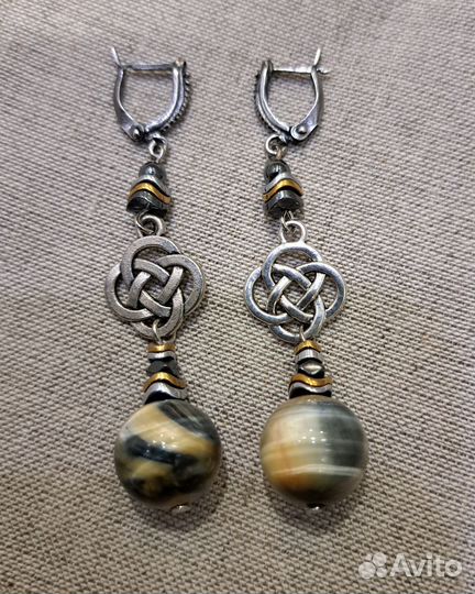 Сережки соколиный глаз новые натур камни