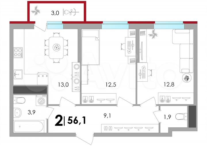 2-к. квартира, 56,1 м², 1/18 эт.