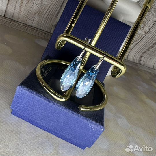 Серьги swarovski blue голубые капли lunar galet