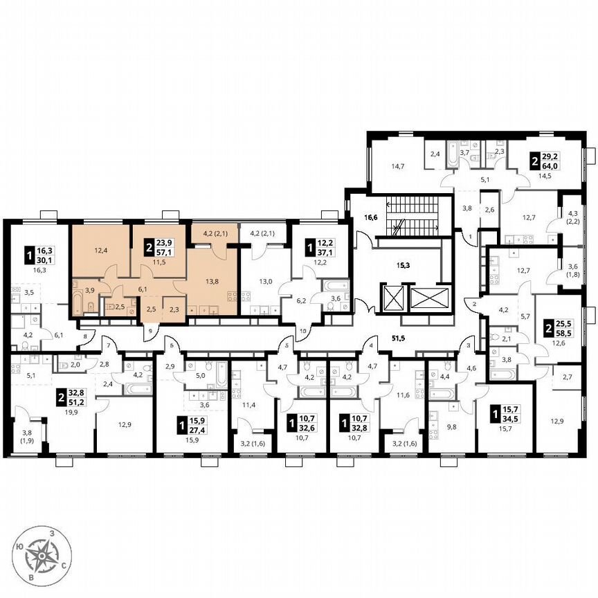 2-к. квартира, 57,1 м², 15/18 эт.