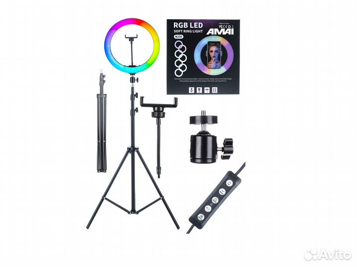 Цветная кольцевая лампа RGB 30см со штативом новая