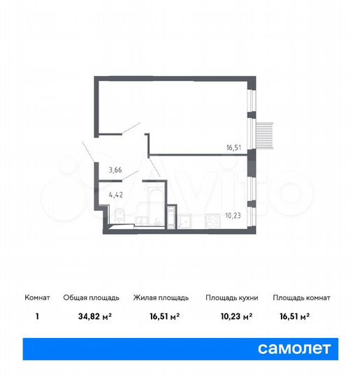 1-к. квартира, 34,8 м², 15/16 эт.