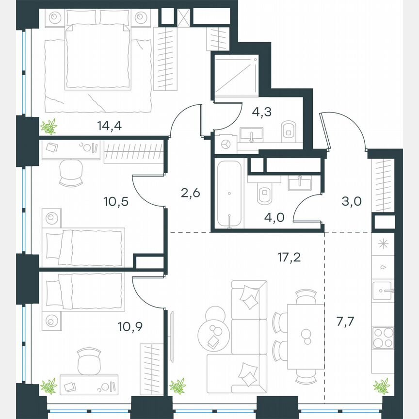 4-к. квартира, 74,6 м², 22/48 эт.