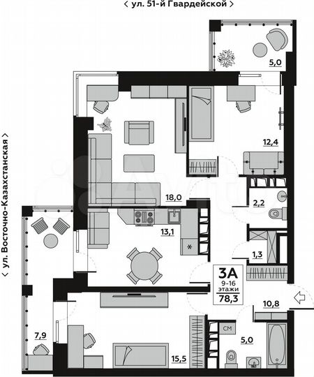 3-к. квартира, 84,8 м², 12/16 эт.