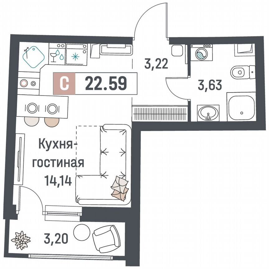 Квартира-студия, 22,6 м², 2/18 эт.