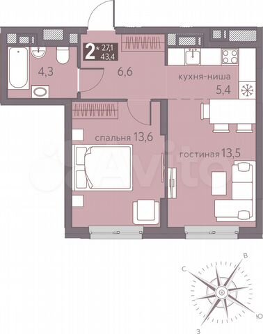 2-к. квартира, 43,4 м², 15/16 эт.