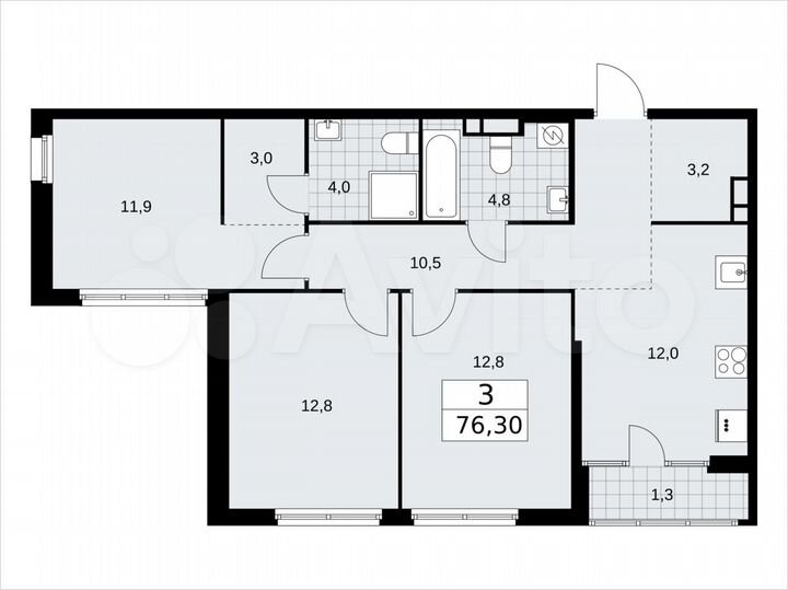 3-к. квартира, 76,3 м², 7/16 эт.