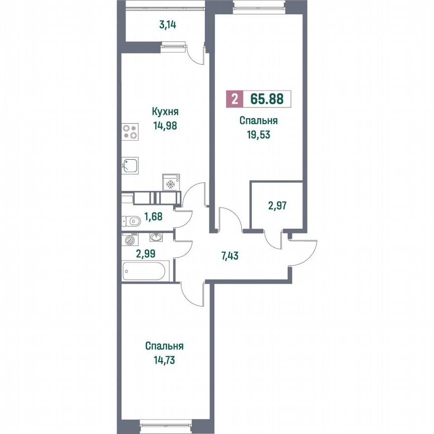 2-к. квартира, 65,9 м², 9/16 эт.