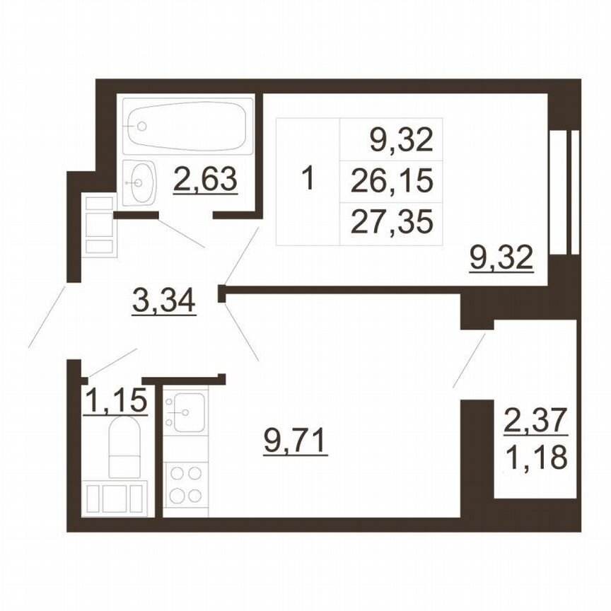 1-к. квартира, 27,4 м², 6/6 эт.
