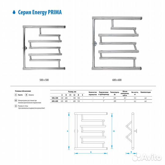 Водяной полотенцесушитель Energy Prima 500х500