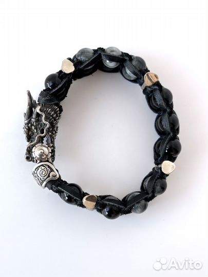 Браслет Дракон, черный агат и кварцевый кошачий гл