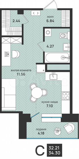 Квартира-студия, 34,3 м², 5/13 эт.