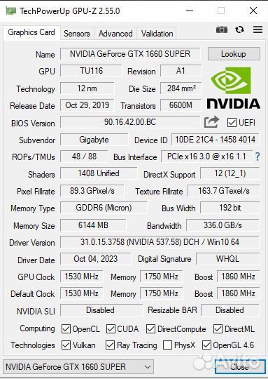 Видеокарта gtx 1660 super 6gb