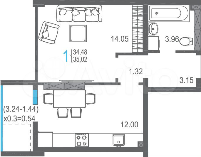 1-к. квартира, 35 м², 15/18 эт.