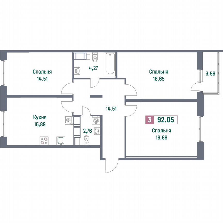 3-к. квартира, 92,1 м², 12/16 эт.