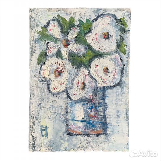 Картина маслом белые цветы в синей вазе