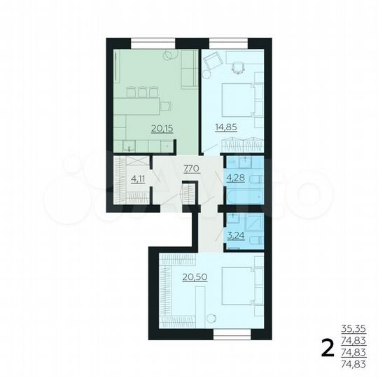 2-к. квартира, 74,8 м², 4/6 эт.