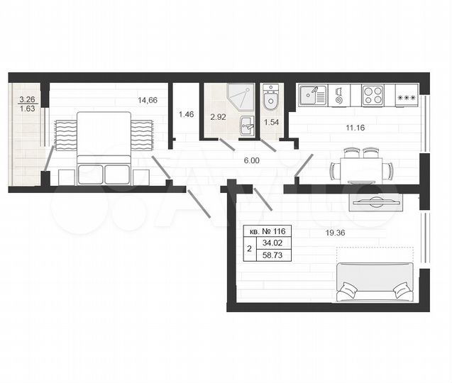 2-к. квартира, 58,8 м², 4/4 эт.