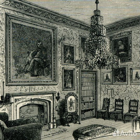 Старинная гравюра XIX в. Эбботсфорд антиквариат