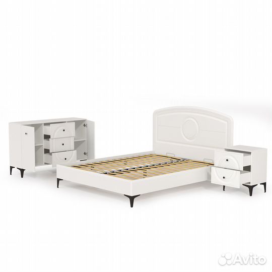 Кровать с ортопедическим основанием 1600 с тумбочкой и тв тумбой-комодом Валенсия, цвет белый шагрен