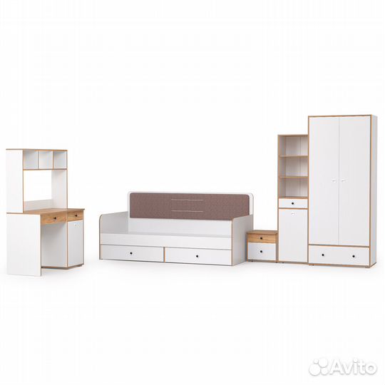 Мебель для большой молодёжной комнаты Вуди компоновка № 39, цвет белый премиум/дуб крафт золотой/сав