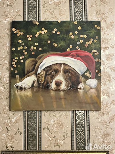 Картина новогодняя пёс в колпаке