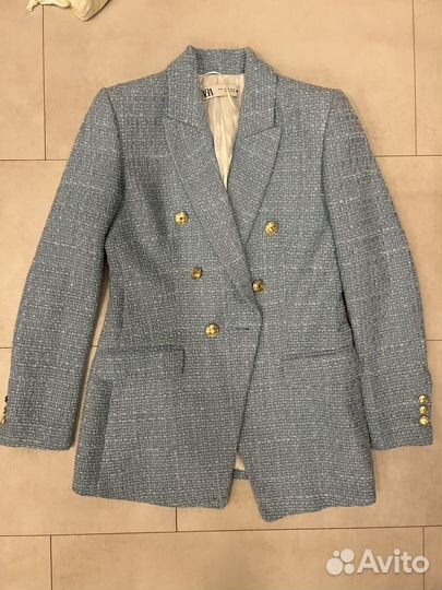 Твидовый пиджак zara голубой