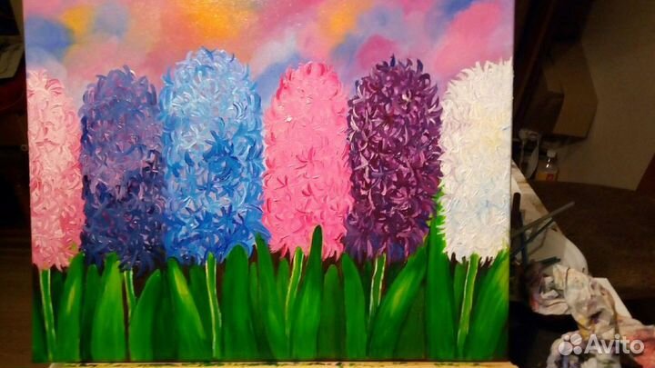 Интерьерная картина маслом Гиацинты 45*35см