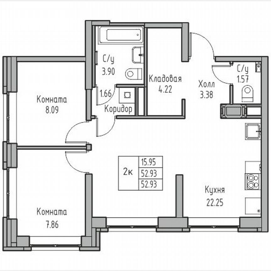2-к. квартира, 53,1 м², 1/23 эт.