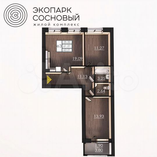 2-к. квартира, 61,1 м², 1/4 эт.