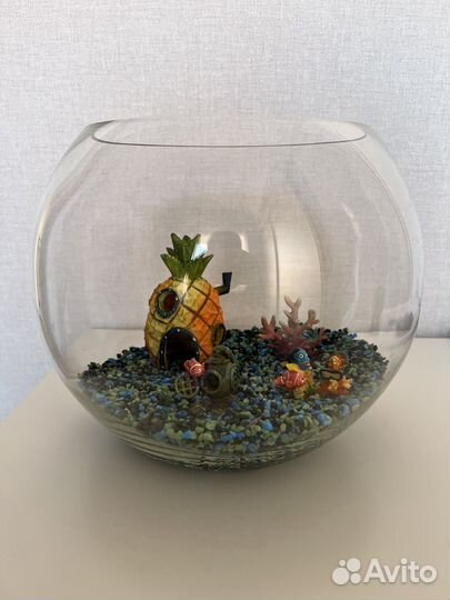 Круглый аквариум 10 литров с декором и грунтом