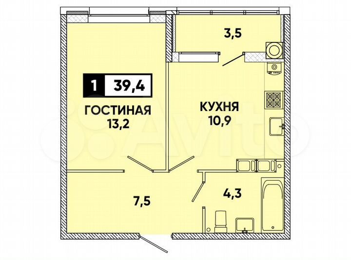 1-к. квартира, 39 м², 7/9 эт.